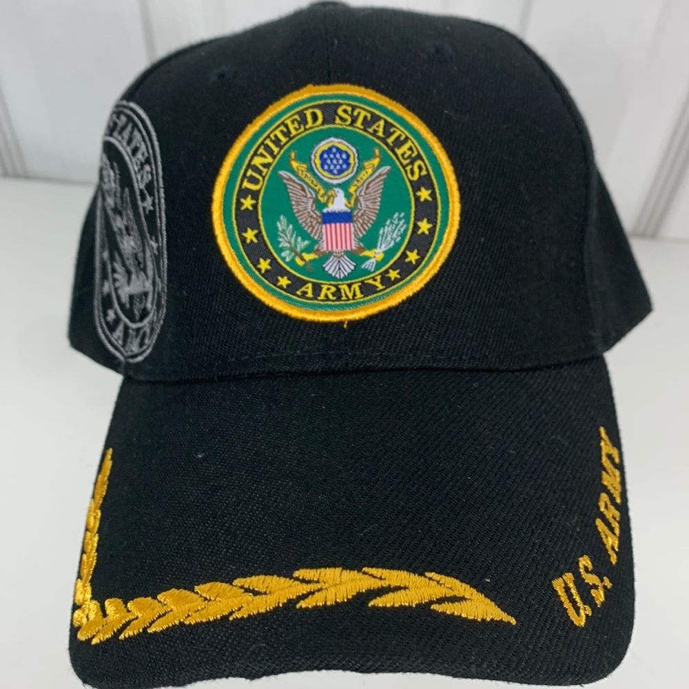U.S. Army black velcro strap hat with 3” seal logo patch USA eagle and grey logo